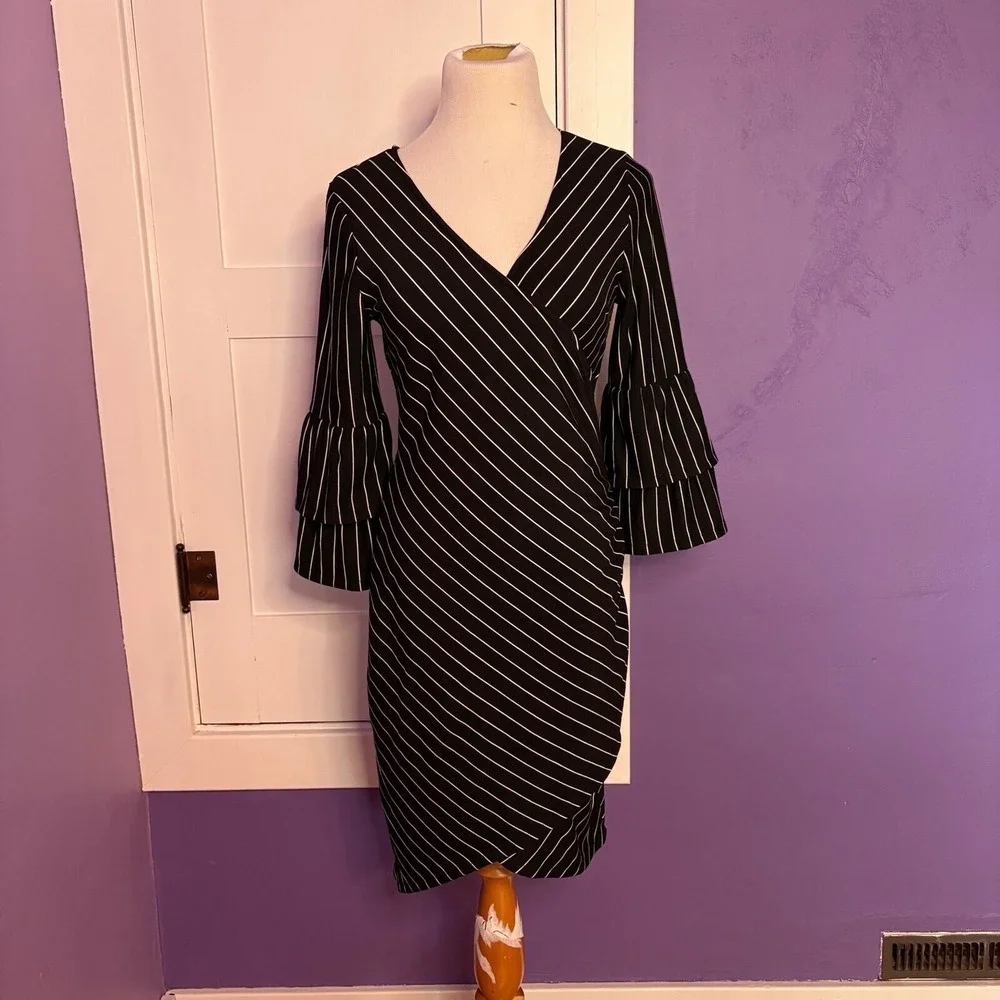 Anthropologie Sunday Brooklyn Black White Striped Wrap Dress Bell‎ Sleeve Small